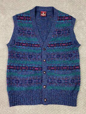 Vtg Nordstrom Scottish Shetland Wool Fair Isle Cardigan Vest Sweater Mens Medium